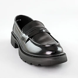 Лофери жіночі на тракторній підошві шкіряні лак 591408 Чорні фото 2