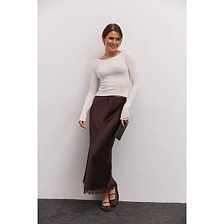 Юбка женская атласная с кружевом 594927 Шоколадная фото 2