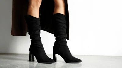 Женские зимние сапоги на каблуке, чёрные, из замши, элегантный слоуч-фит