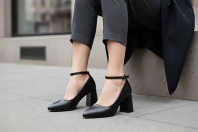 Жіночі чорні туфлі на стійкому підборі з ремінцем на щиколотці