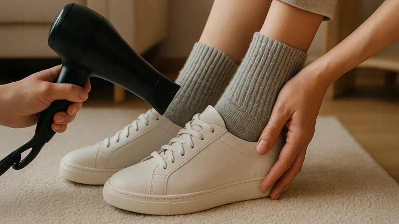 Розношування нових кросівок феном у товстих шкарпетках