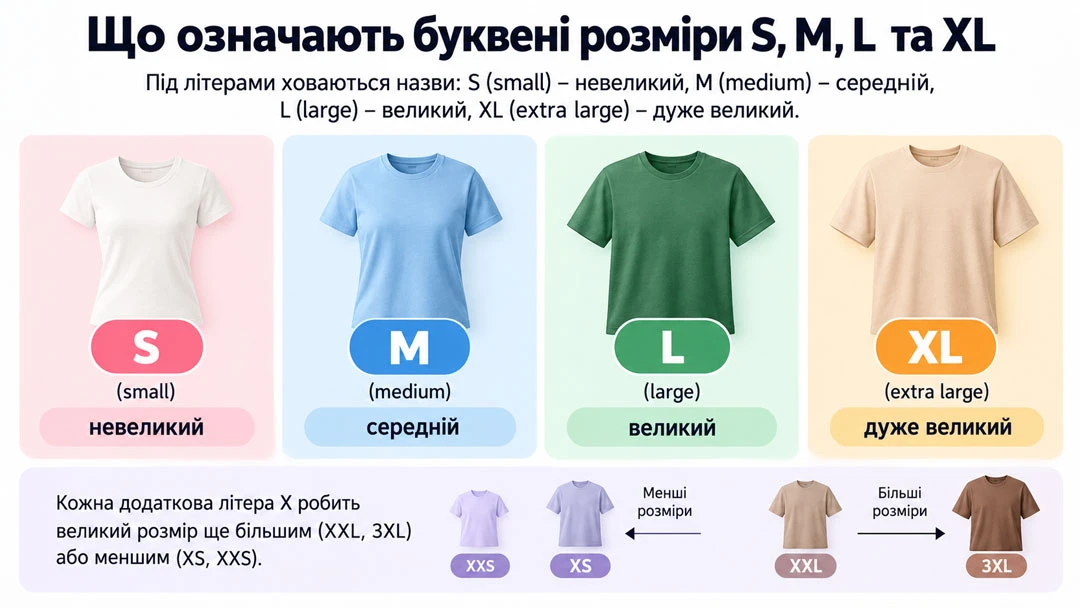 Що означають буквені розміри S, M, L та XL: розшифровка та таблиця — Sezon.ua Інфографіка з розшифровкою буквених розмірів одягу S, M, L, XL, а також менших (XS, XXS) та більших (XXL, 3XL) розмірів