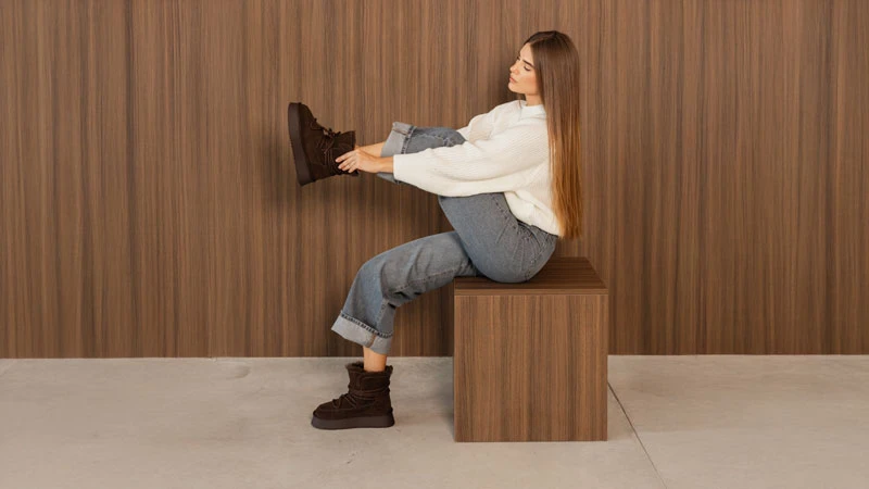 Дівчина взуває теплі коричневі зимові угги Sezon на фоні дерев’яної стіни