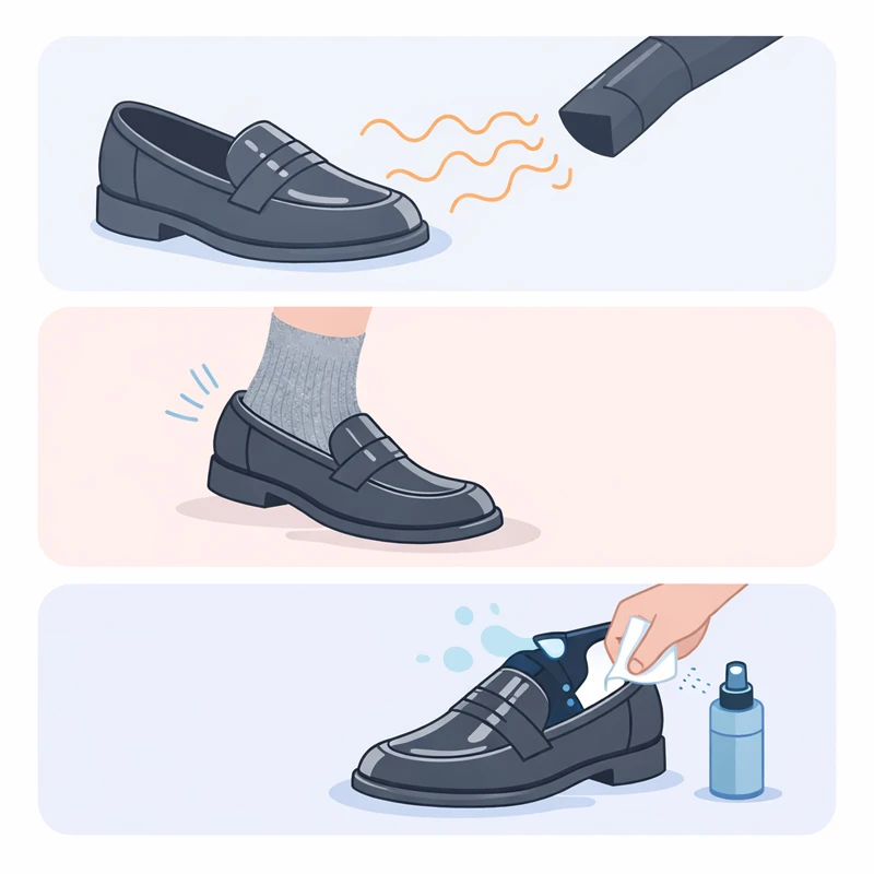 Ілюстрація трьох безпечних способів розносити взуття вдома: тепле повітря фена, ходьба у щільній шкарпетці, легка волога обробка зі спреєм для розтяжки.