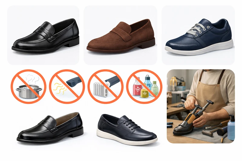 Колаж: різні моделі взуття (шкіра, замша, текстиль), піктограми “не робити” (окріп, надмірний нагрів, батарея, агресивні рідини) та професійна розтяжка у майстра.