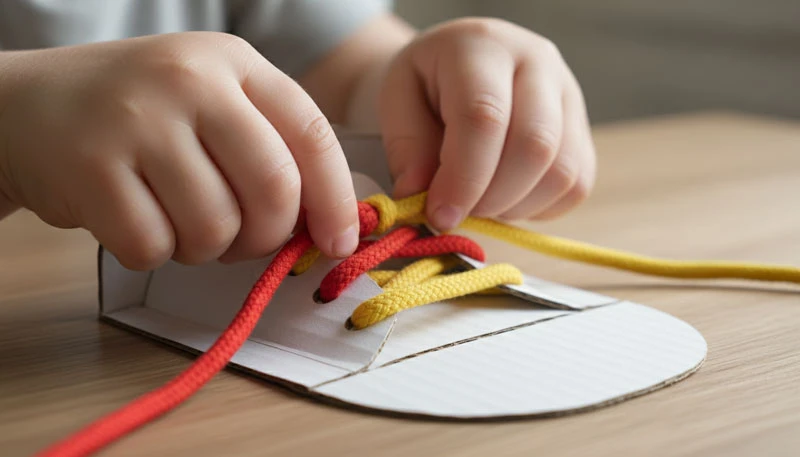 Крупный план: детские руки завязывают двухцветный (красно-желтый) шнурок на картонном макете обуви.