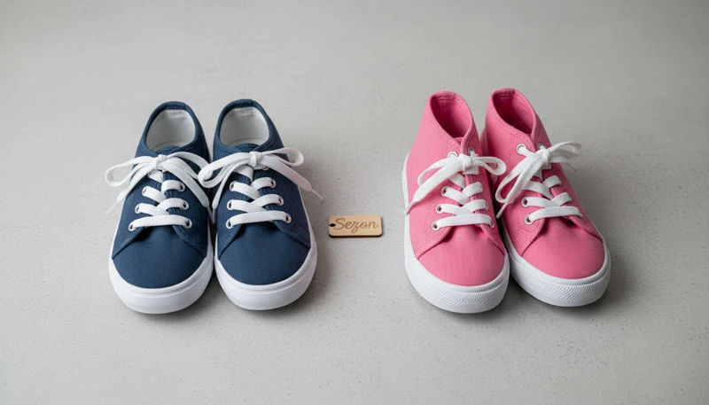 Две пары детских кед — синие и розовые — на сером фоне с деревянной биркой Sezon.