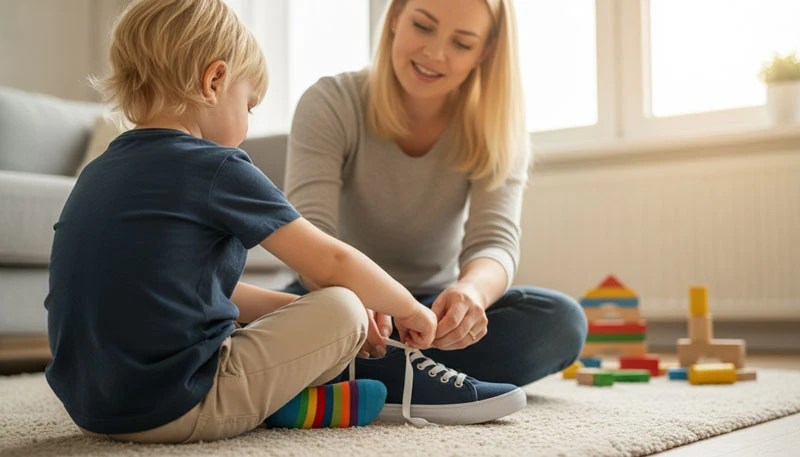 Мама и ребенок сидят на ковре, мама показывает, как завязывать шнурки на синем кеде.