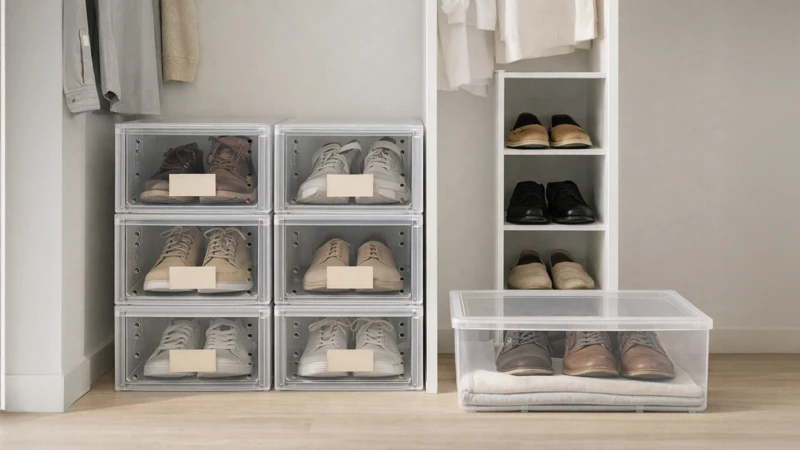 Прозорі коробки й органайзери в шафі допомагають компактно та акуратно зберігати сезонне взуття.