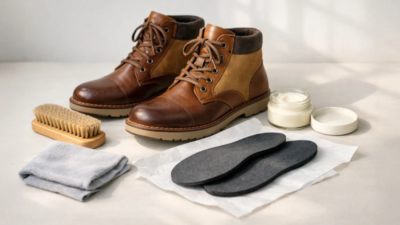 Демісезонні черевики, щітка, серветка та зняті устілки — взуття очищають і сушать перед зберіганням.