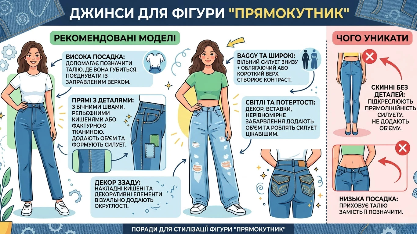 Инфографика с рекомендациями по выбору джинсов для типа фигуры «прямоугольник»: иллюстрированные советы по подбору моделей с высокой посадкой, прямых джинсов с деталями, свободных моделей baggy и варианты фасонов, которых следует избегать