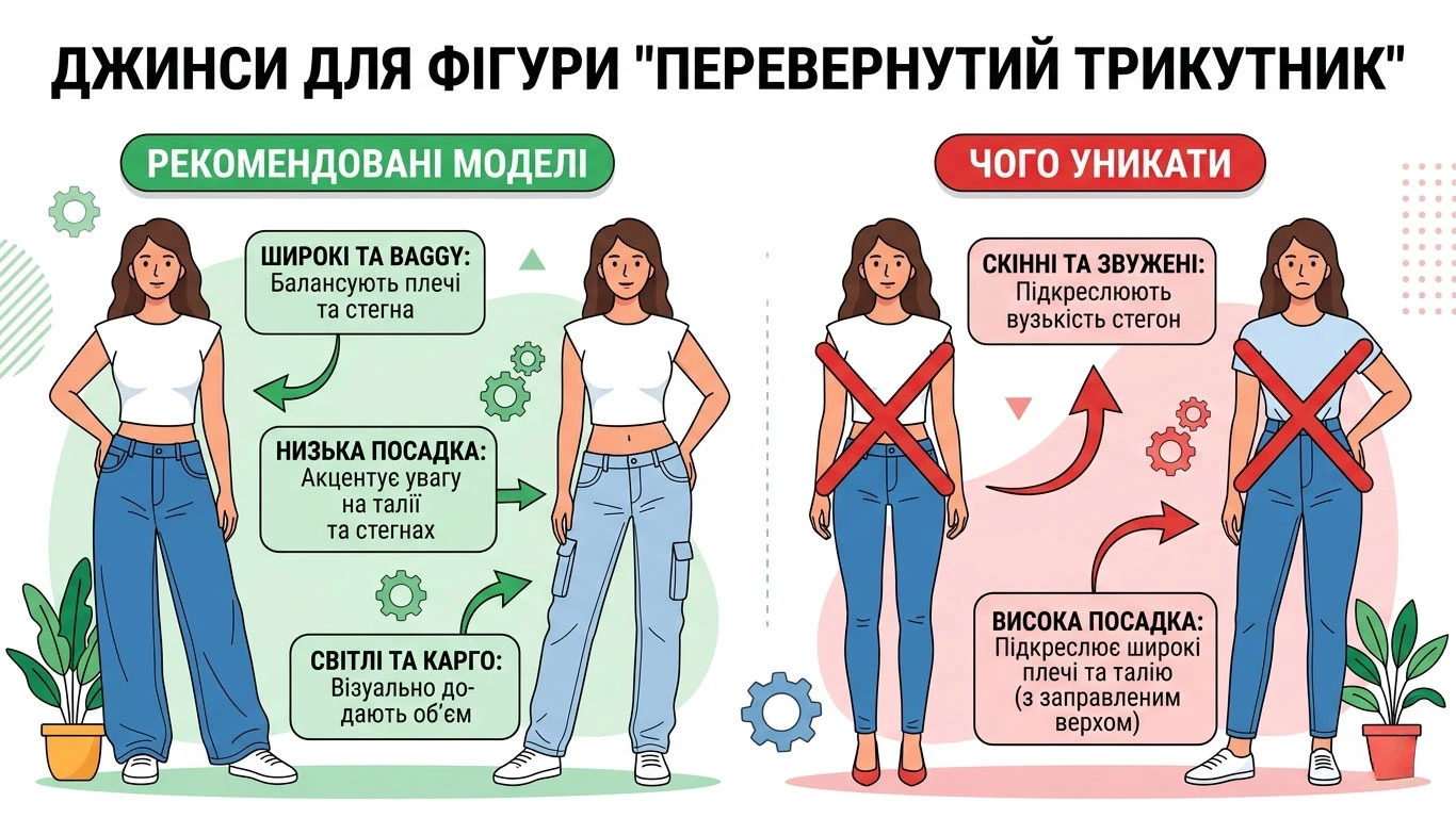 Інфографіка з рекомендаціями щодо вибору джинсів для типу фігури «перевернутий трикутник»: ілюстровані поради щодо підбору широких моделей, варіантів карго та джинсів з низькою посадкою, а також фасонів, яких слід уникати (скінні та висока посадка)
