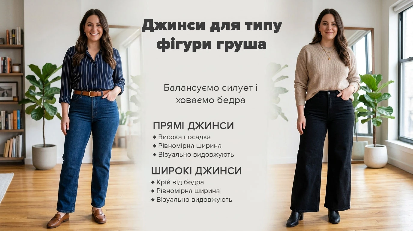 Підбір джинсів для типу фігури «груша»: сині прямі джинси з високою посадкою у поєднанні з сорочкою та широкі чорні джинси крою від стегна з бежевим джемпером