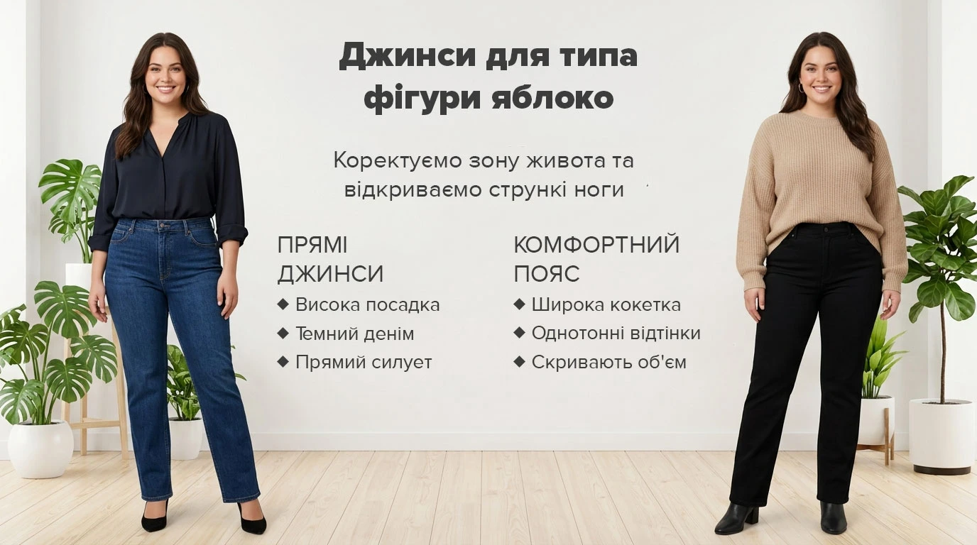 Підбір джинсів для типу фігури «яблуко»: темно-сині прямі джинси з високою посадкою в поєднанні з блузкою і чорні джинси з комфортним поясом в комплекті з бежевим джемпером