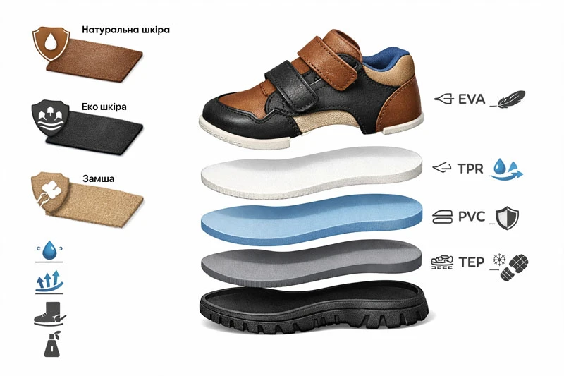 Материалы детской обуви: натуральная кожа, экокожа, замша и типы подошвы EVA, TPR, PVC, TEP