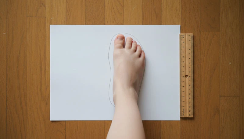 Детская стопа на листе бумаги с контуром и линейкой — правильное измерение размера обуви