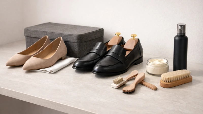 Формодержателі, щітка й засоби догляду поруч із туфлями — щоб взуття довше виглядало охайно.