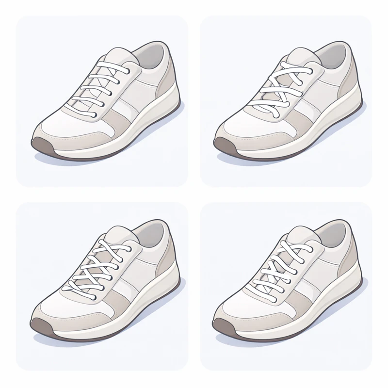 Колаж із чотирьох пар кросівок з різними стилями шнурівки: симетрична мінімалістична, креативна street style, нейтральне взуття з контрастними шнурками та яскраві кросівки зі спокійними однотонними шнурками, світлий фон