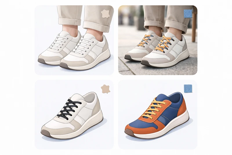 Мінімалістична векторна інфографіка з чотирма варіантами шнурівки кросівок: пряма, хрест-навхрест із пропусками, павутина та асиметрична, білий фон, без тексту