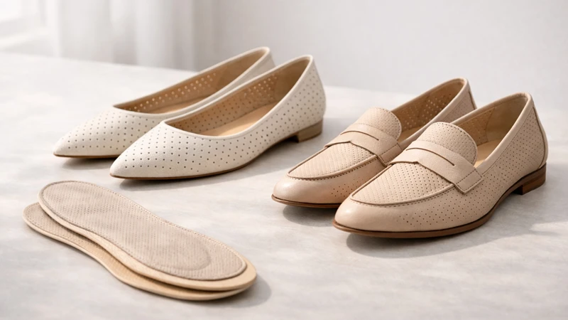 Бежеві перфоровані балетки та лофери на столі, поруч тонкі дихаючі устілки.