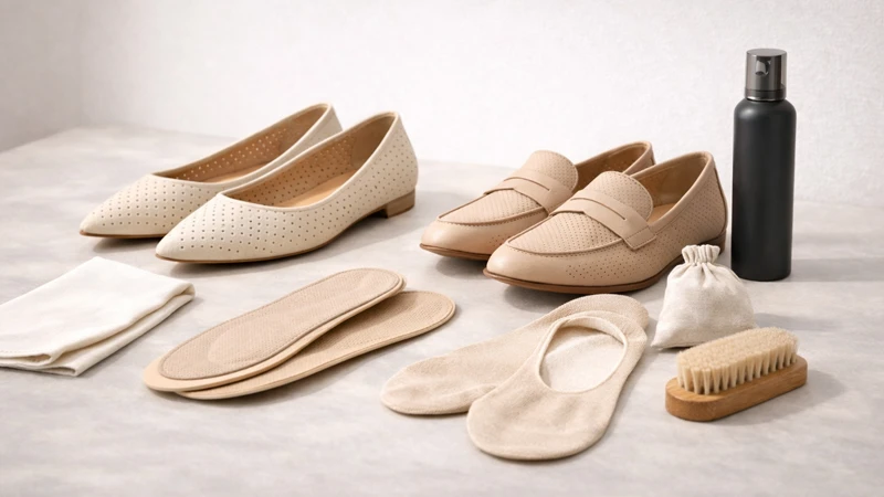 Балетки й лофери поруч з устілками, слідками, щіткою та спреєм для догляду за взуттям.