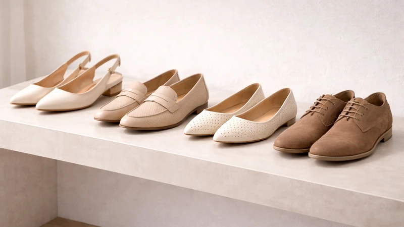 Ряд літнього офісного взуття на полиці: слінгбеки, лофери, перфоровані балетки та чоловічі туфлі.