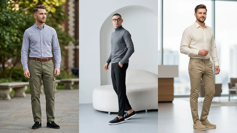 Чоловічі офісні образи в стилі smart casual: поєднання лоферів із брюками карго, класичними чорними брюками та звуженими чиносами бежевого кольору