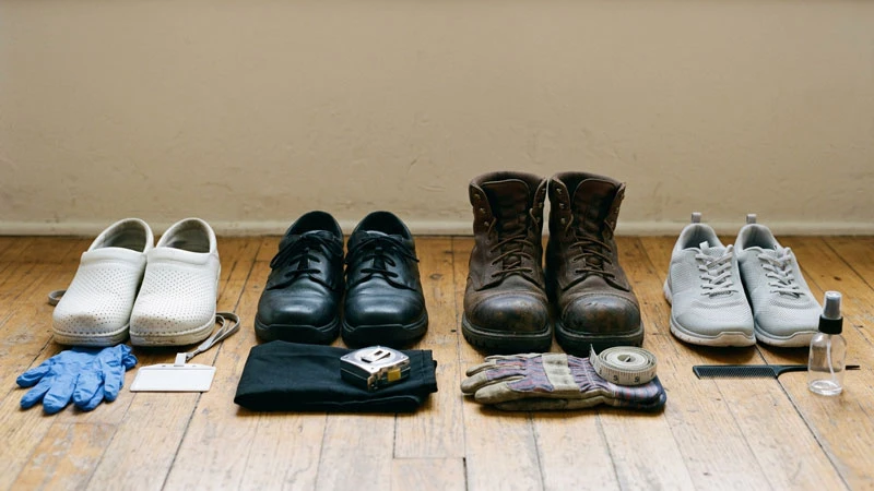 Разные модели рабочей обуви и аксессуары для ухода: кроссовки, ботинки и сабо