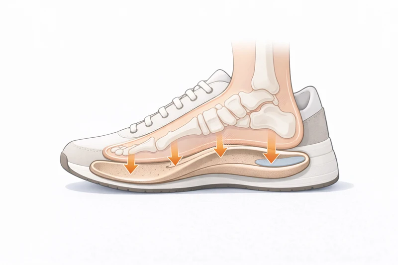 Схема кросівка в розрізі: стопа та анатомічна устілка, стрілками показано розподіл навантаження на п’яту, склепіння і передню частину стопи.