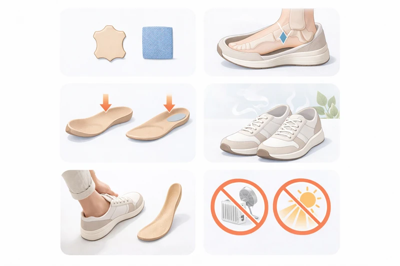 Колаж: матеріали взуття, анатомічна устілка й підтримка склепіння, провітрювання, знімна устілка, заборона сушіння на батареї та на сонці.