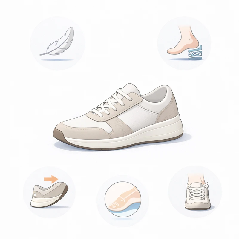 Ілюстрація кросівка з піктограмами: легка вага, амортизація, гнучкість, підтримка стопи та надійна фіксація шнурівкою.