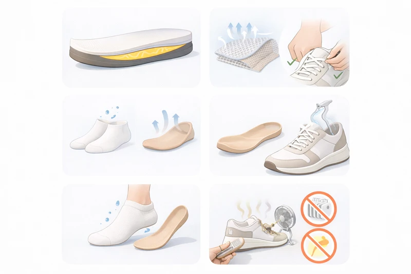 олаж: амортизаційна підошва, дихаючі шкарпетки, змінна устілка, правильна шнурівка, провітрювання й сушіння взуття; заборона сушіння на батареї та під сонцем.