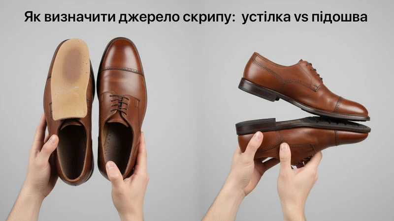 Обувной мастер осматривает ботинок на рабочем столе — диагностика причины скрипа