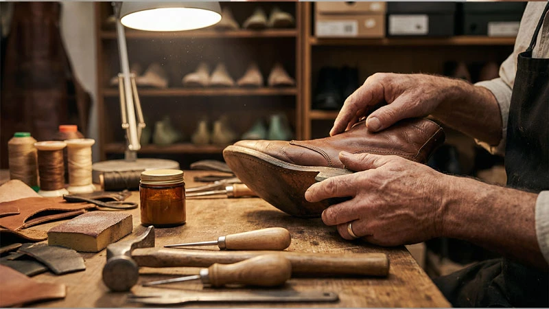 Обувной мастер осматривает ботинок на рабочем столе — диагностика причины скрипа