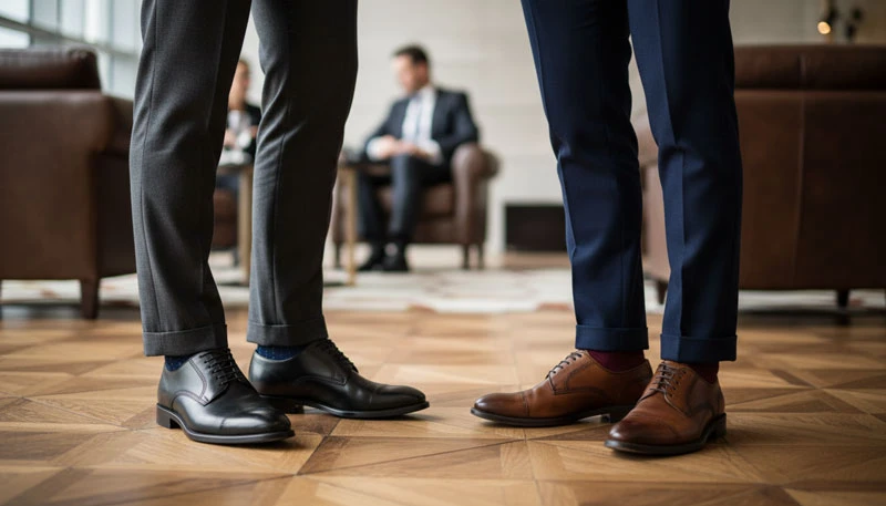 Крупным планом ноги двух мужчин, стоящих в классических брюках на деревянном полу с геометрическим узором. Слева – черные кожаные оксфорды с темно-синими носками; справа – коричневые дерби с носками цвета бургунди.