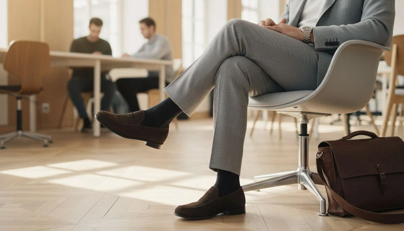 Крупный план ног сидящего человека, скрестив ноги, в серых классических брюках и темно-коричневых замшевых лоферах. Рядом стоит коричневый кожаный портфель. Фон – современный офис.