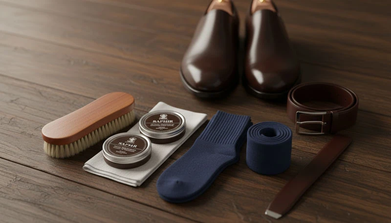 Эстетическая раскладка на деревянной поверхности: темно-коричневые туфли, кожаный ремень, синие носки, баночки с кремом Saphir, щетка для обуви и салфетка для полировки.