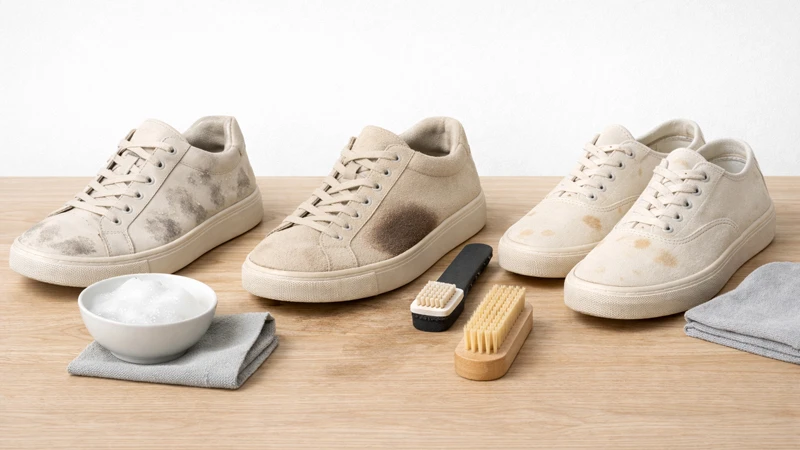 Три вида обуви с пятнами и подходящие инструменты ухода: для кожи микрофибра, для замши щётка и пена, для текстиля деликатная щётка без замачивания