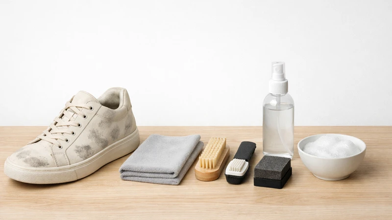 Світлі кеди із темними розводами після водовідштовхувальної пропитки; поруч мікрофібра, щітки та нейтральний спрей без етикетки