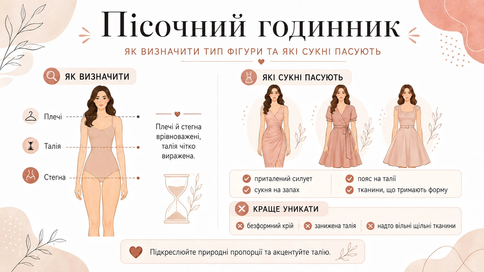 Инфографика с рекомендациями по выбору платьев для типа фигуры «Песочные часы»: особенности пропорций, подходящие фасоны (приталенный силуэт, платье на запах, акцент на талии) и советы, чего стоит избегать