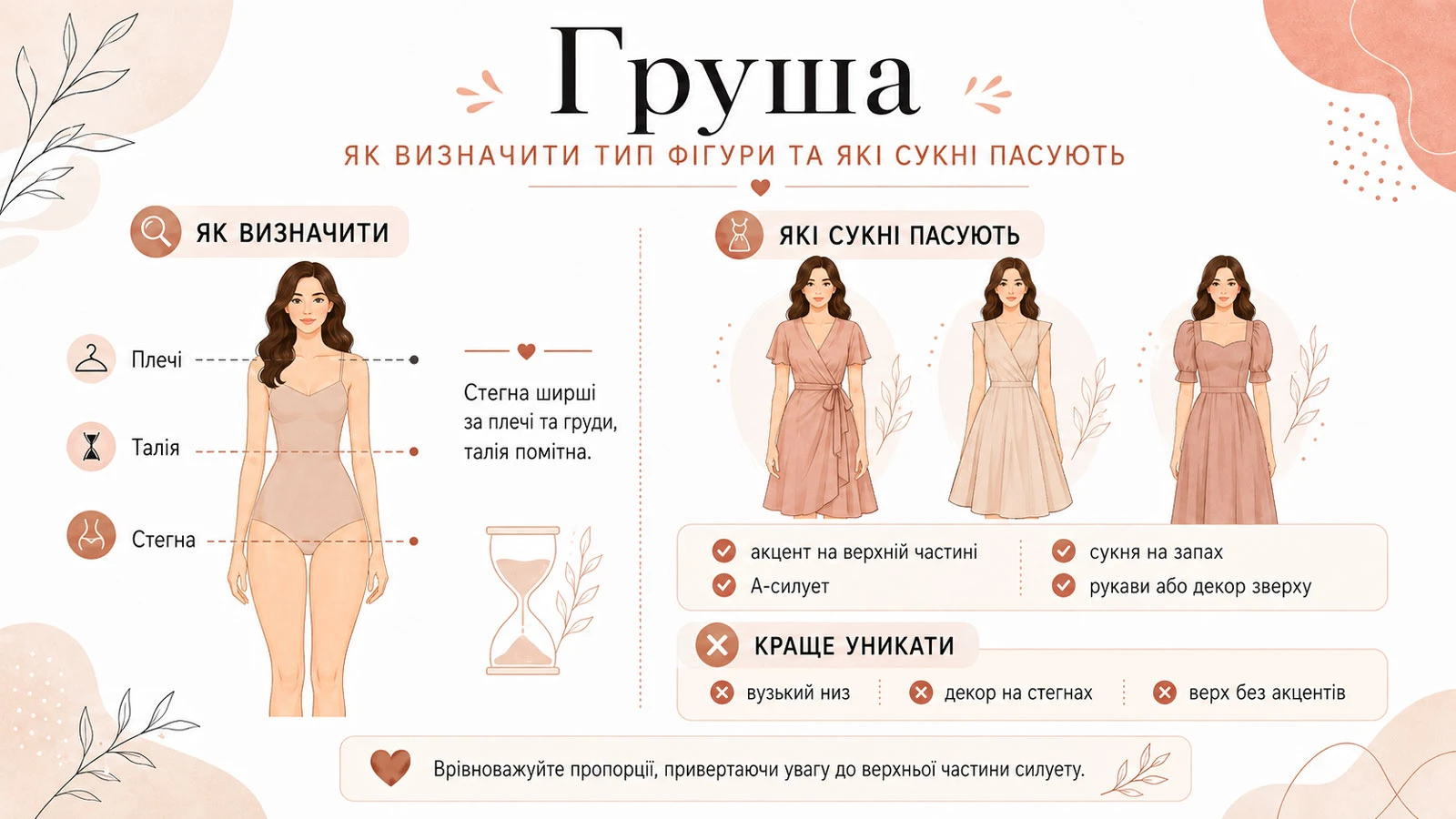 Инфографика с рекомендациями по выбору платьев для типа фигуры «Груша»: особенности пропорций (бедра шире плеч, заметная талия), подходящие фасоны (А-силуэт, платье на запах, акцент на верхней части и объемные рукава) и советы, чего стоит избегать