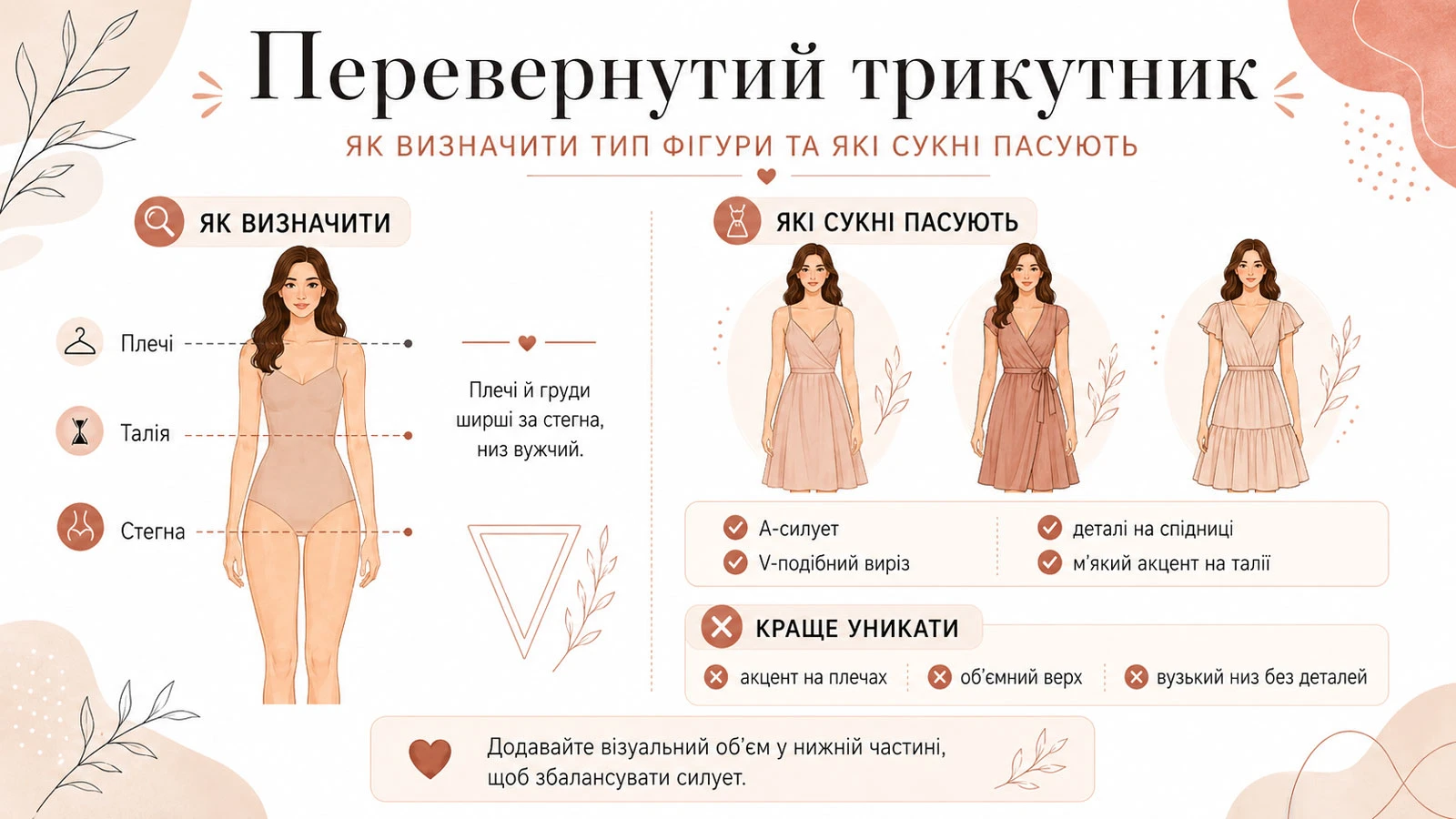 Инфографика с рекомендациями по выбору платьев для типа фигуры «Перевернутый треугольник»: особенности пропорций (плечи и грудь широкие, бедра узкие), подходящие фасоны (А-силуэт, V-образный вырез, детали на юбке) и советы, чего стоит избегать