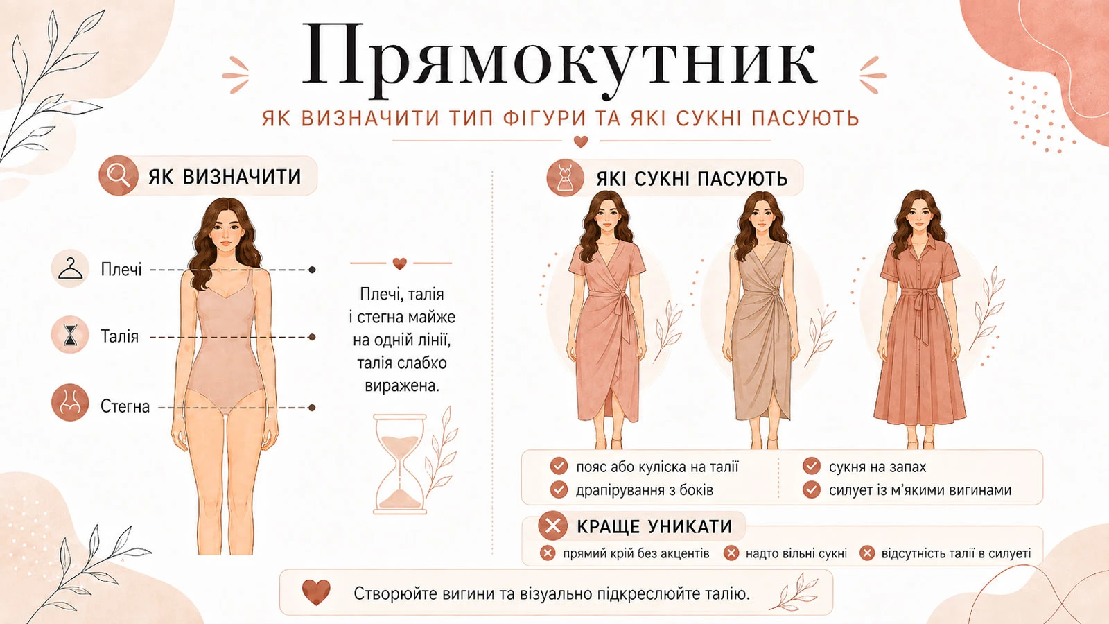 Инфографика с рекомендациями по выбору платьев для типа фигуры «Перевернутый треугольник»: особенности пропорций (плечи и грудь шире бедер), подходящие фасоны и советы по выбору одежды