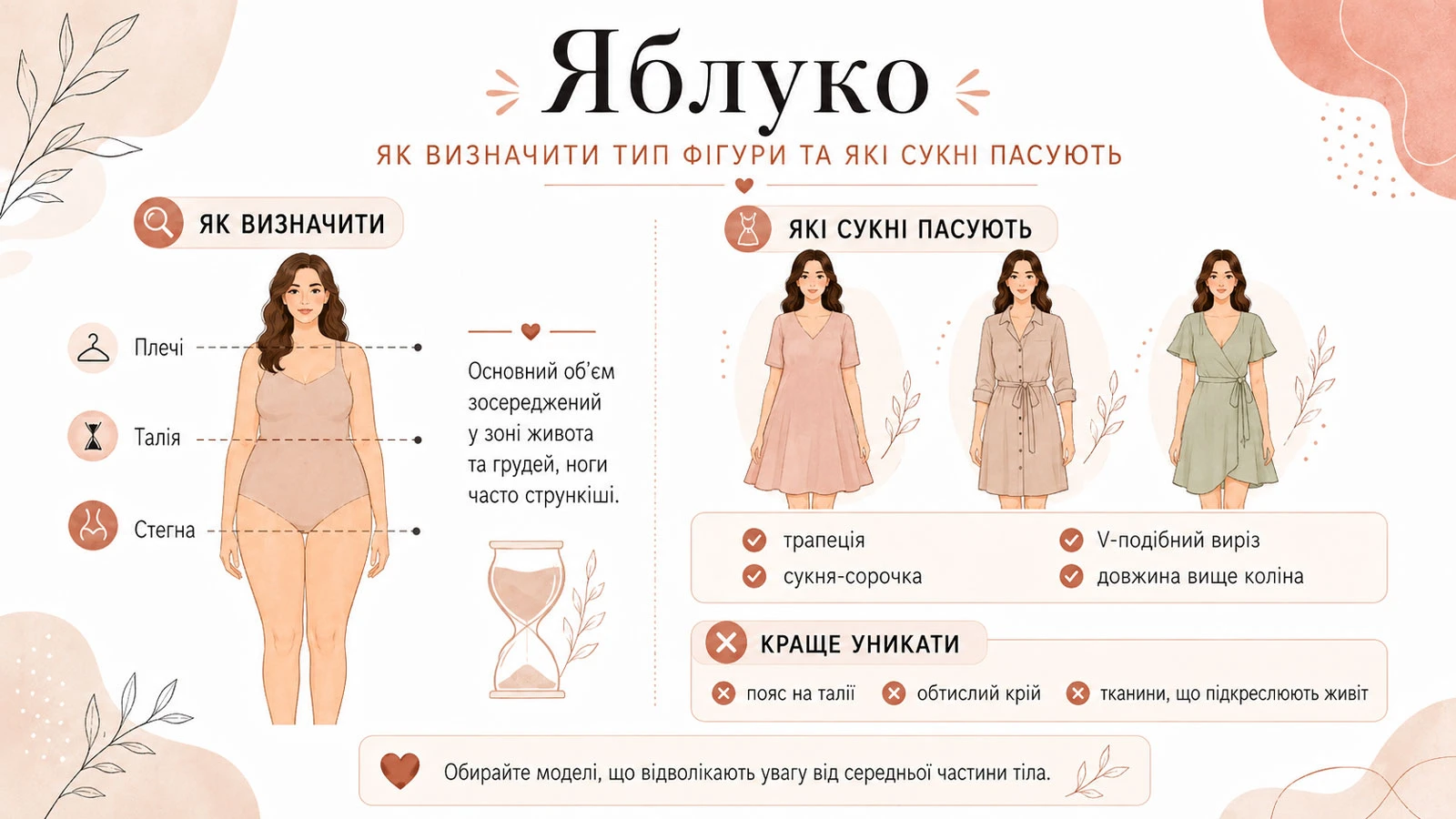 Инфографика с рекомендациями по выбору платьев для типа фигуры «Яблоко»: особенности пропорций (основной объем в области живота и груди, стройные ноги), подходящие фасоны (трапеция, платье-рубашка, V-образный вырез, длина выше колена) и советы, чего стоит избегать
