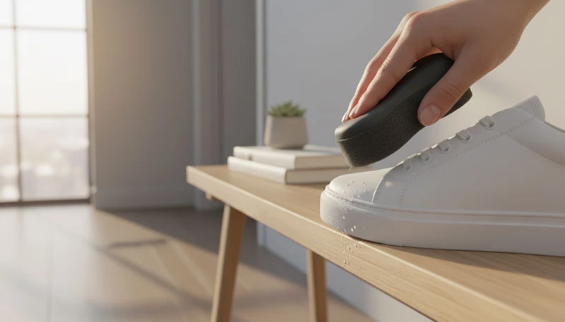 Рука очищает белую подошву обуви с помощью специальной губки с пропиткой.