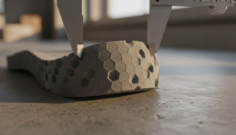 Процесс гибки подошвы кроссовка для демонстрации эластичности и амортизации.