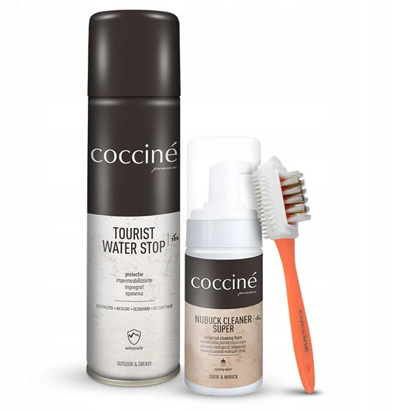 Набір Coccine з водовідштовхувальним спреєм та очищувачем для замші та нубуку.