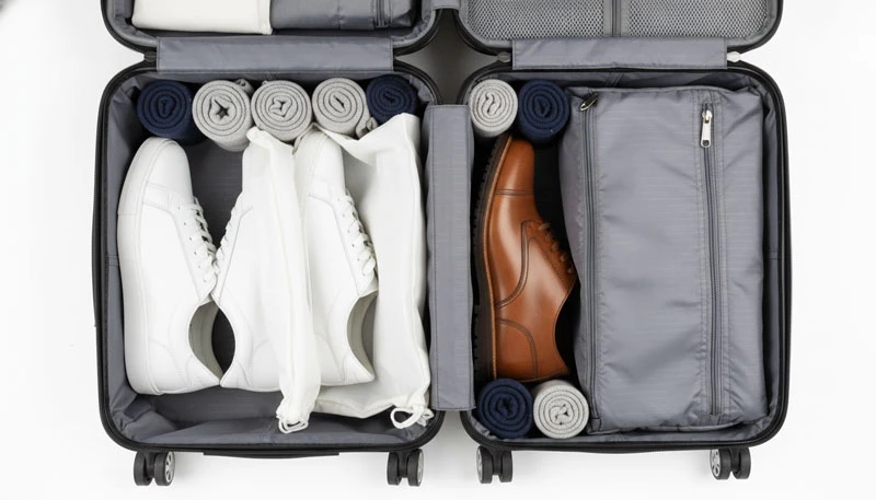 Вид сверху на открытый чемодан с аккуратно упакованной обувью в пыльниках и секциях