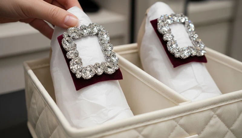 Макрозйомка жіночих підборів з кристалами, обгорнутих папером та тканиною в органайзері