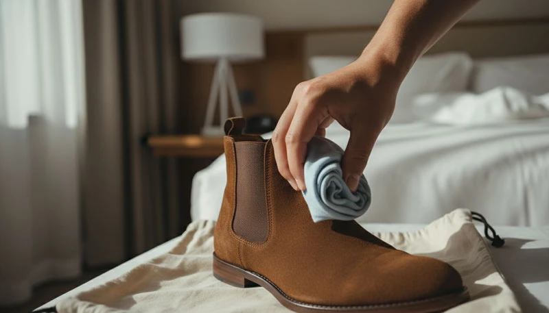 Близкий план руки вставляет свернутую футболку в носок замшевого ботинка для сохранения формы.